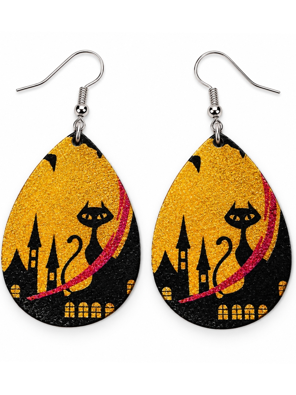 NWOT Gold & Black Halloween Cat Teardrop Statement Earrings - 2" Dangle Drop